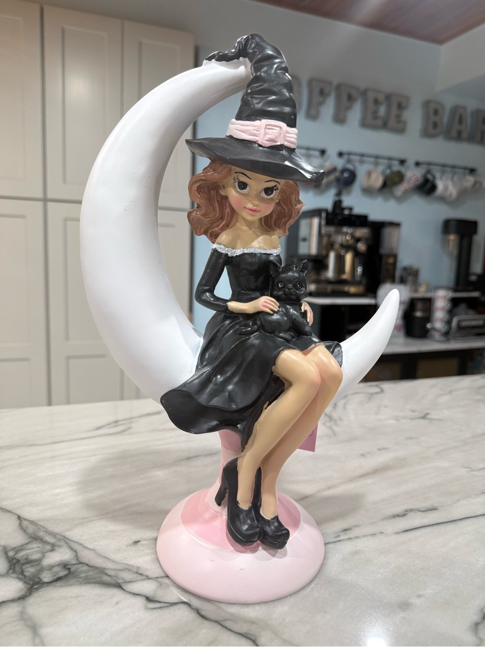 โจ Whimsical Witch on Crescent Moon with Black Cat โจ